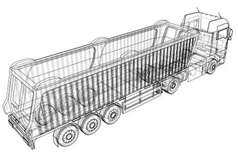 Dump truck vector illustration. Isolated white. Created illustration of 3d. Wire Illustrazione stock