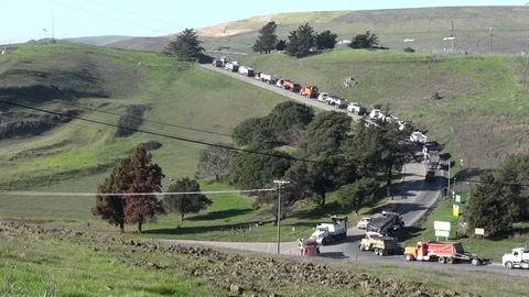 Dump trucks line up at Sonoma Dump after Sonoma fires Stock Footage 84625740