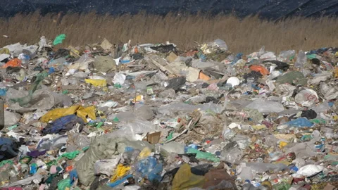 Dump of unsorted garbage. Plastic bags flying in the strong wind at slow motion. 스톡 동영상 146613497