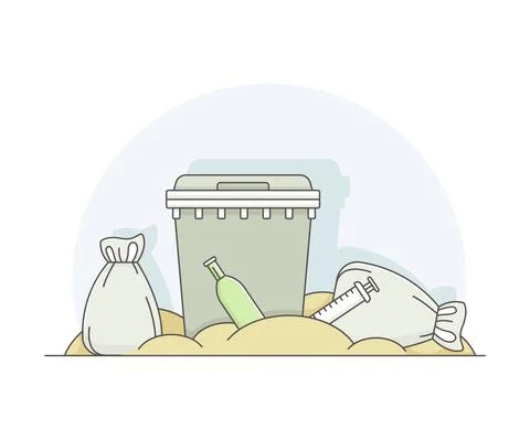 Dump with Unsorted Trash and Garbage Bags Piled Together Line Vector Stock Illustration