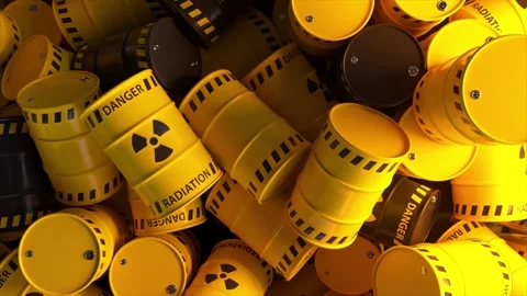 Dump of yellow and black barrels with nuclear radioactive waste. Danger of Stock Footage 249062461