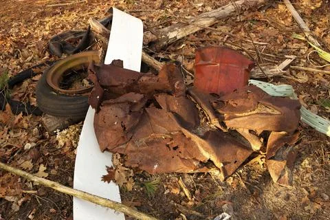 Dumped Garbage in Woods Consisting of Rusty Metal Bucket, Sheet Metal, Siding Stock Photos