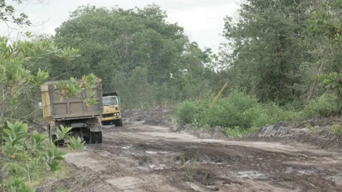 Dumper trucks pass over muddy road of sand mining site Stock Footage 160303990