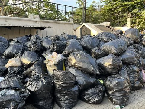 Dumping ground with pile of black garbage bags Stock Photos