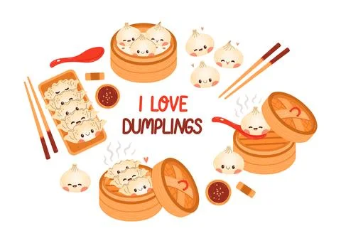 Dumpling and gyoza set vector drawing. Traditional Japanese dumplings with funny Stock Illustration