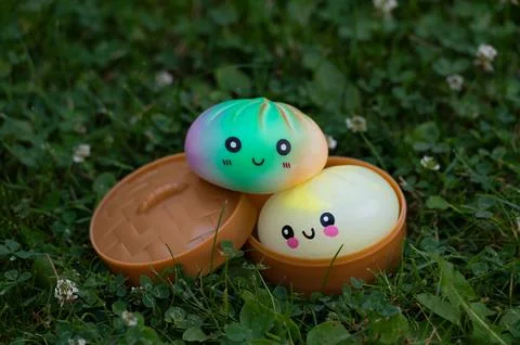 Dumpling squishies and open steamer containers on sunlit lawn Stock Photos