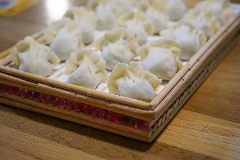 Dumpling tray close-up Stock Photos