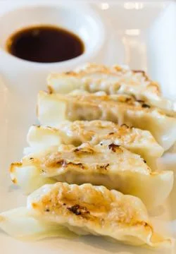 Dumpling on white dish on wood table Foto stock