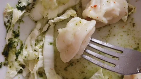 Dumplings and fork on a plate close-up Stock Footage 127304932