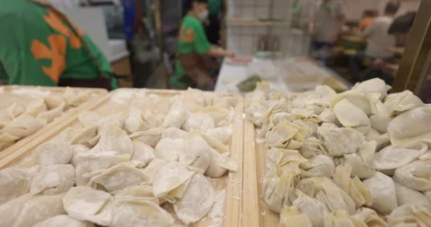 Dumplings and wontons prepared in kitchen, Asian food Stock Footage 344460624