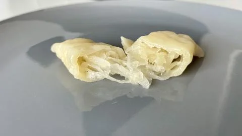 Dumplings with cabbage cut in half on a gray plate Stock Photos