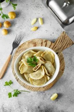 Dumplings, filled with mashed potatoes and liver. Russian, Ukrainian or Polis Stock Photos