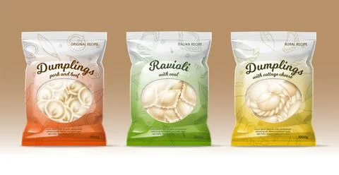 Dumplings packaging design. Realistic plastic bags with frozen ravioli Stock Illustration