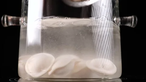 Dumplings with splashes fall to the bottom of a glass pan. Stock Footage 250394979