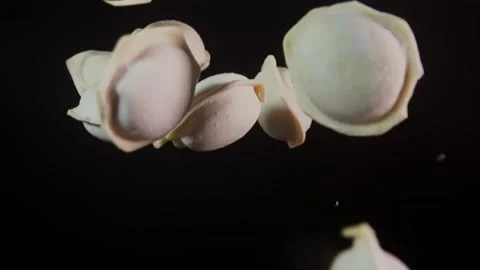 Dumplings take off and fall down on a dark background in slow motion Stock Footage 282524706