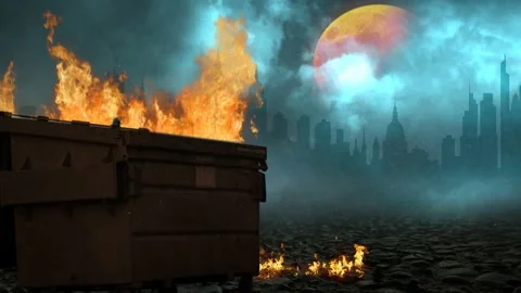 Dumpster Fire Orange Moon Lightning Clouds Background 4K Stock Footage 170859781