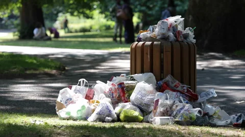 Dumpster Full Garbage Nature Park Litter Picnic Trash Cans Dump Wrappers Waste Stock Footage