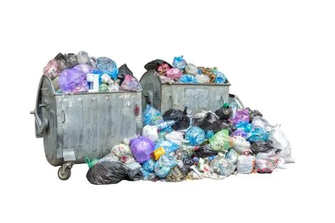 Dumpsters being full with garbage and big pile of garbage in black blue trash Stock Photos