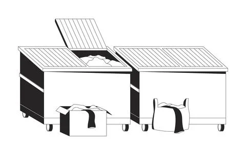 Dumpsters overflowing with clothes 2D line object Stock Illustration