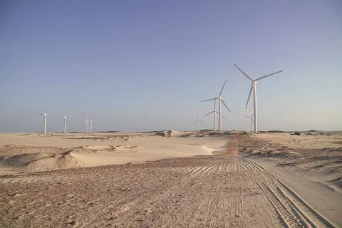 Dunas e parque eólico ao entardecer – Aracati, Ceará, Brasil Stock Photos