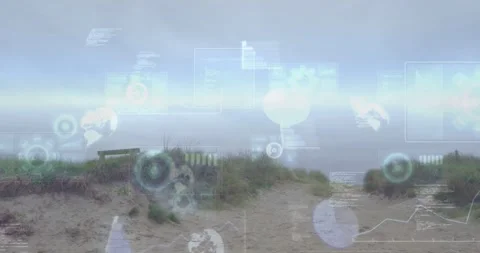 Dune pathway anchoring frame, data feed initiating HUD overlays, mapping coastal Stock Footage 331872850