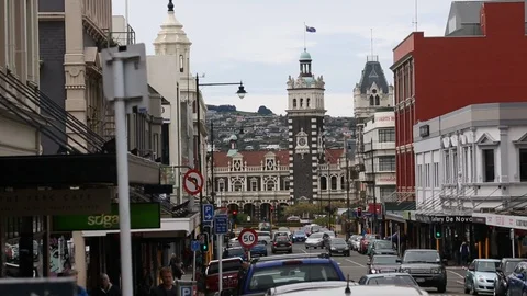 Dunedin Train Station Down Busy Street 스톡 동영상 101263983