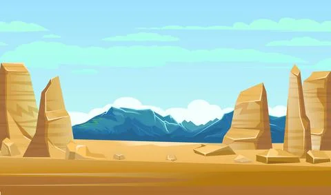 Dunes of desert and mountains in distance. Cliff rocks, sandstone and stones. Stock Illustration