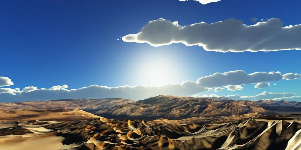 Dunes sunset over the desert. 3d rendering Ilustração Stock