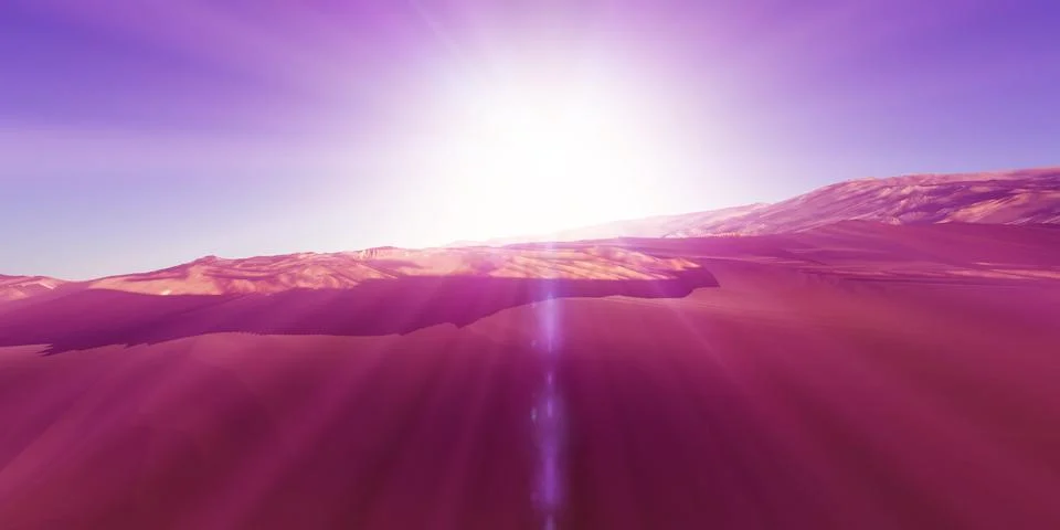 Dunes sunset over the desert. 3d rendering Ilustração Stock