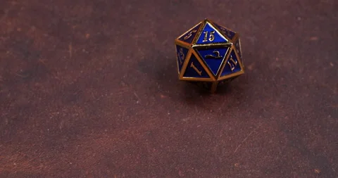 Dungeons and Dragons Dice Roll D20 20 Sided Blue Metal Die Rolling 15 Stock-Footage 202251609