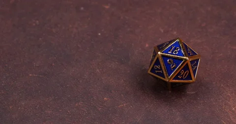 Dungeons and Dragons Dice Roll D20 20 Sided Blue Metal Die Rolling 18 Stock-Footage 202270304