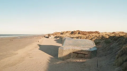 Dunkirk beach, blockhaus, sand dunes and people (Dunkerque, France) Stock Footage 104495837
