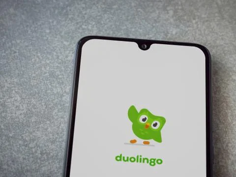 Duolingo - Language learning app launch screen with logo on the display of a  Stock Photos