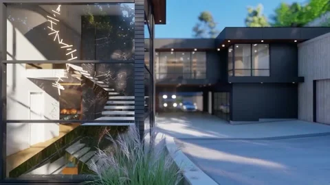 Duplex building guestroom, dinning, kitchen ad corridor with swimming pool 3d Stock Footage 220335117