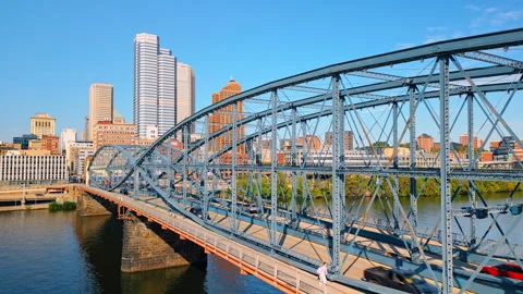 Duquesne Bridge in Pittsburg, Pennsylvania, USA. Downtown skyline at backdrop. Stock Footage 318921721