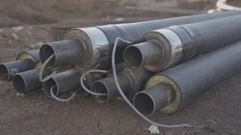 Durable metal pipes preparing for installation in trench Stock Footage 278640335