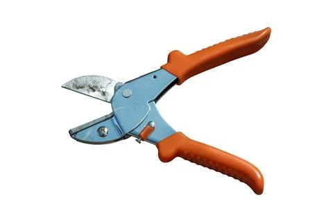 Durable metal pruning shear tool with ergonomic orange plastic handles Stockfoto's