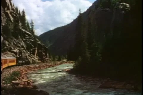 DURANGO, COLORADO, 1978, Durango Silverton Railroad, POV, on curve, train, river Stock Footage 11870940
