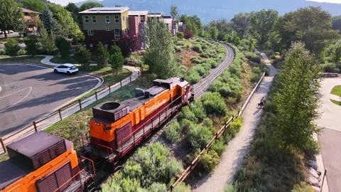 Durango, Colorado – August 9, 2026: Aerial of Durango &amp; Silverton Diesel Train Stock Footage 342749903