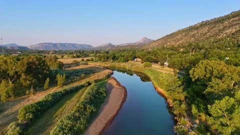 Durango Oxbow Park Sunset over Animas River aerial view Stock Footage 342612654
