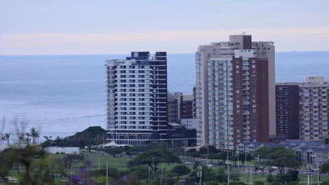 Durban beachfront hotels with ocean in the background Stock Footage 242012006