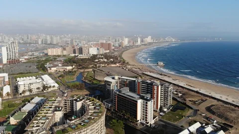 Durban Drone Beachfront with pullback of the point waterfront Stock Footage 128587524