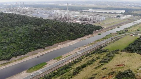 Durban Drone The view of SAPREF from the Bluff Stock Footage 128587523