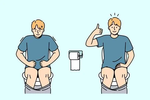 Durchfall oder Verstopfung bei einem Mann, der auf der Toilette sitzt und ... Stock Photos