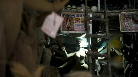 Durga and other Hindu idols in Kumartuli, Kolkata, West Bengal, India. Stock Footage 342227490