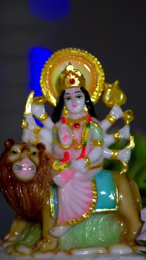Durga devi statue in lights beautiful Stock Footage 231033091