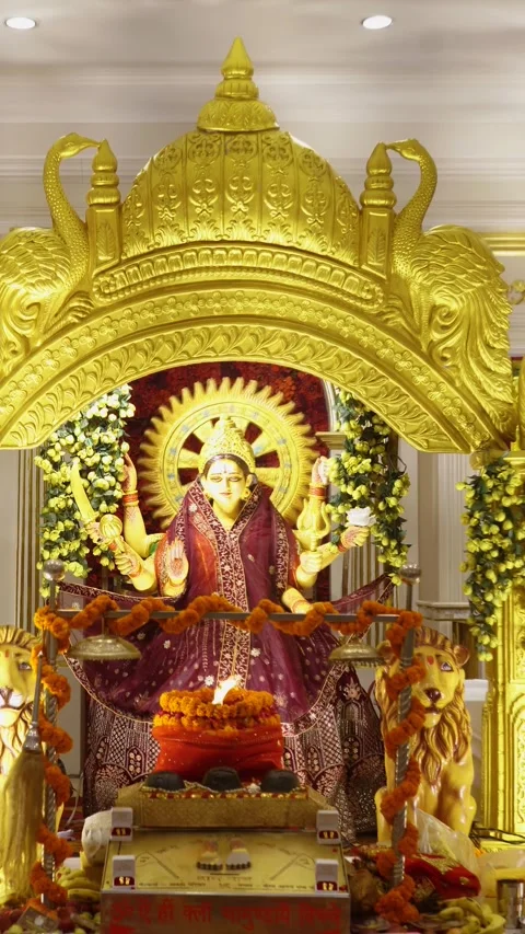 Durga Pooja Mata Rani Idol in Golden Pandal Stock Footage 317289687