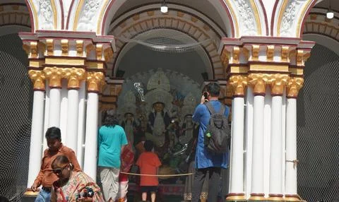 Durga Puja Idol Viewing at Mandap of Bonedi Bari Stock Photos