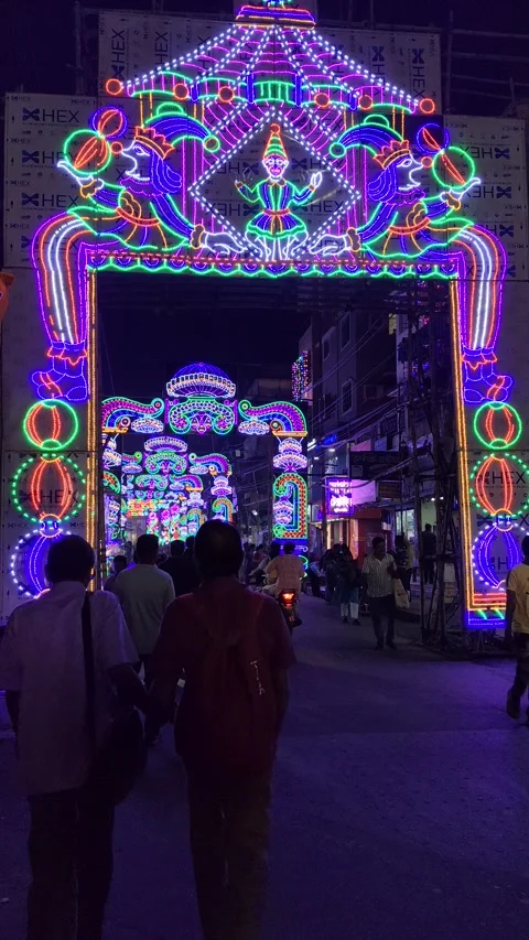 Durga Puja Light Gate Illumination At Night In Kolkata - 23 August 2026 Video stock 344329717