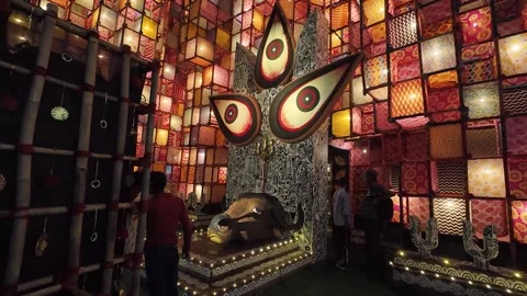 Durga Puja Pandal Interior with Creative Eye Art Decor Stock Footage 348648966
